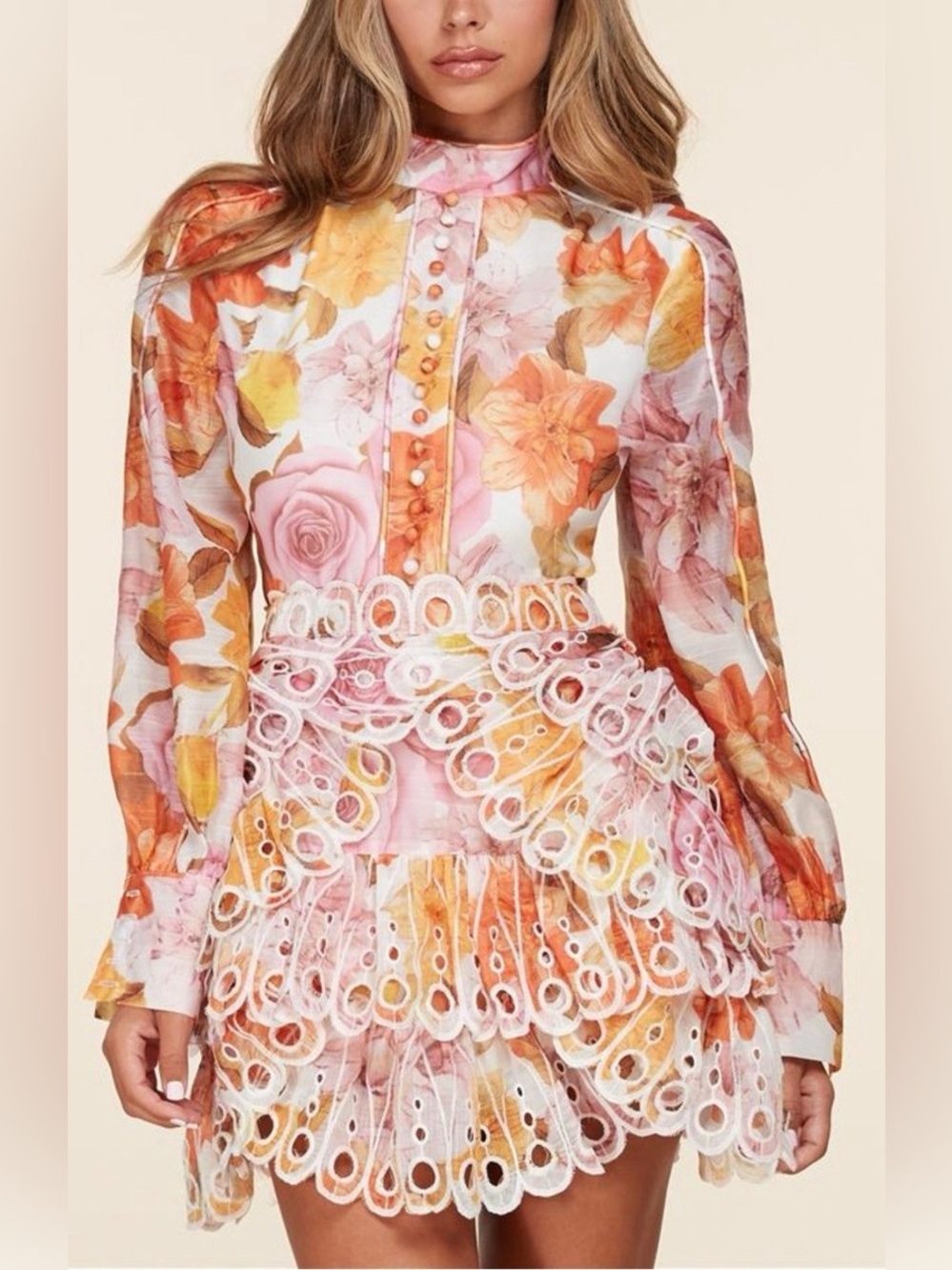 Floral Lace Tiered Mini Dress - Pink & Orange